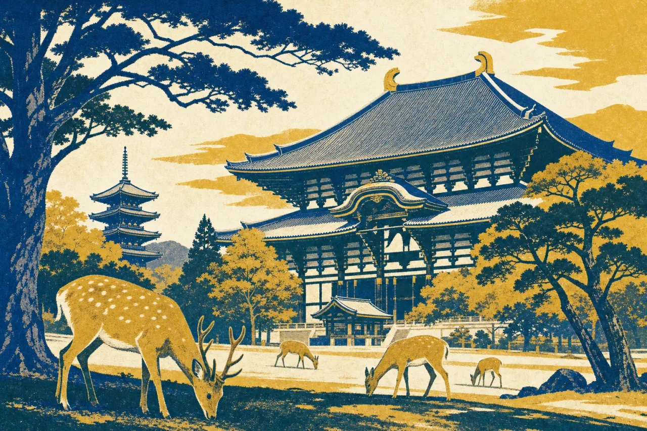 Ancient Nara (Todai-ji and Nara Park temples) illustration